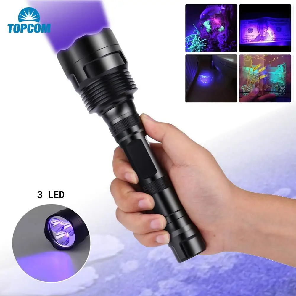 Topcom Powerful 18w 365nm 395nm LED UV Flashlight 3 LED Ultraviolet Lantern Hard Light UV Torch With Black Filter Catch Scorpion