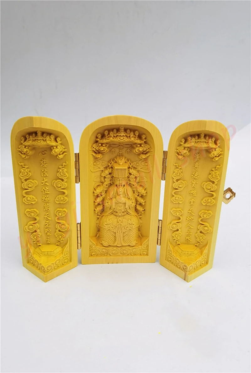 Boxwood Carving the Jade Emperor, Three Open Box, Taoist statues, Taoist Dharma altar supplies, SacriSpare Ornaments