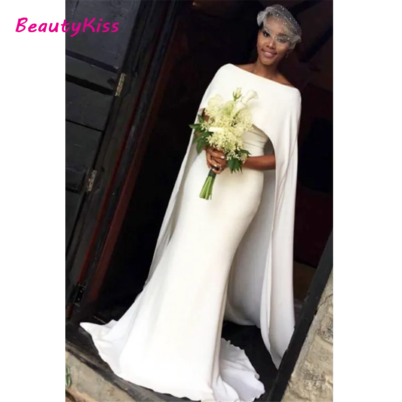 Simple Mermaid Wedding Dresses with Cape Elegant Bateau Bridal Gowns Cheap White Bridal Party Dress