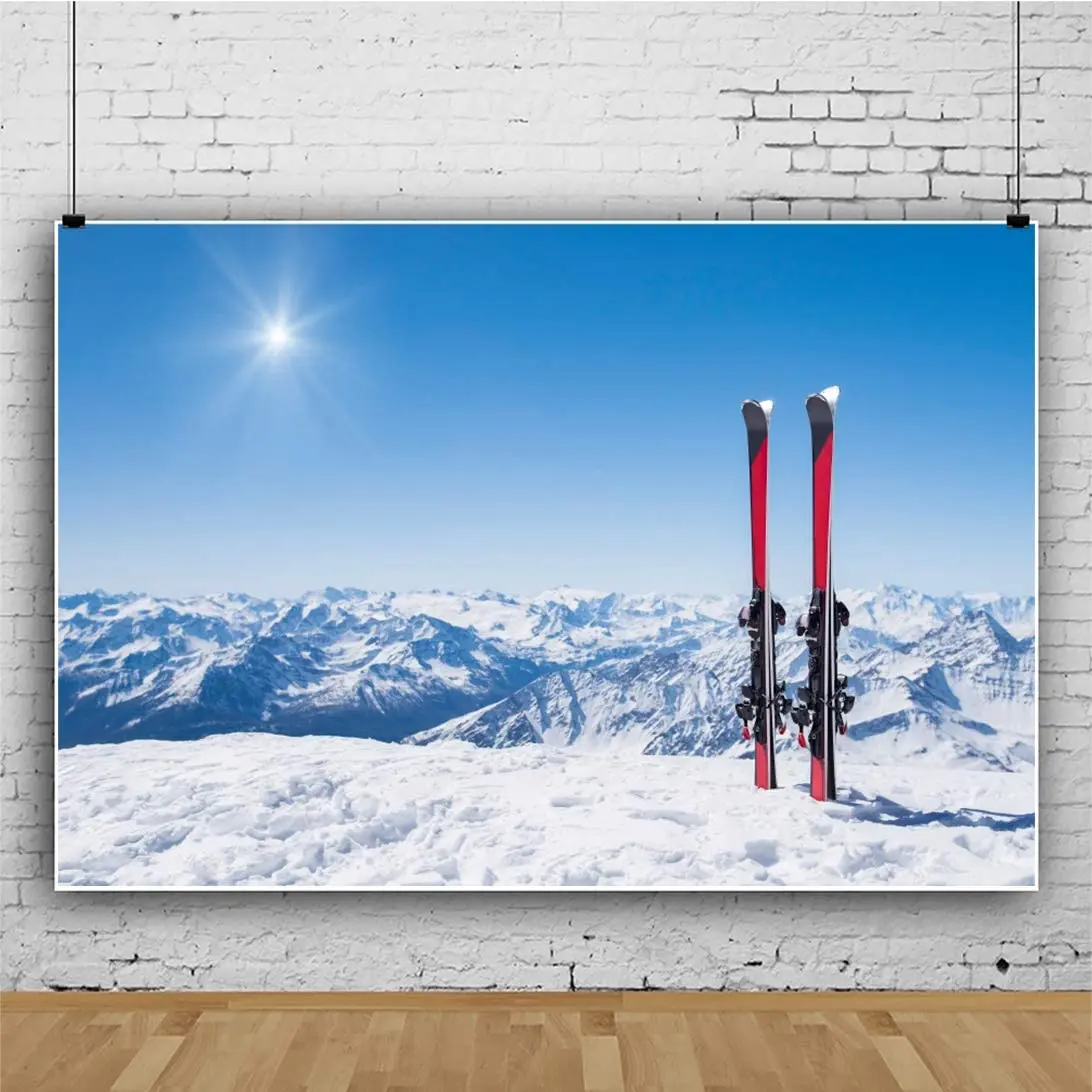 Snow Mountain Photography Backdrop Winter Landscape Sunshine Skiing Sport Sleigh Background Extreme Sports Club Decor Poster