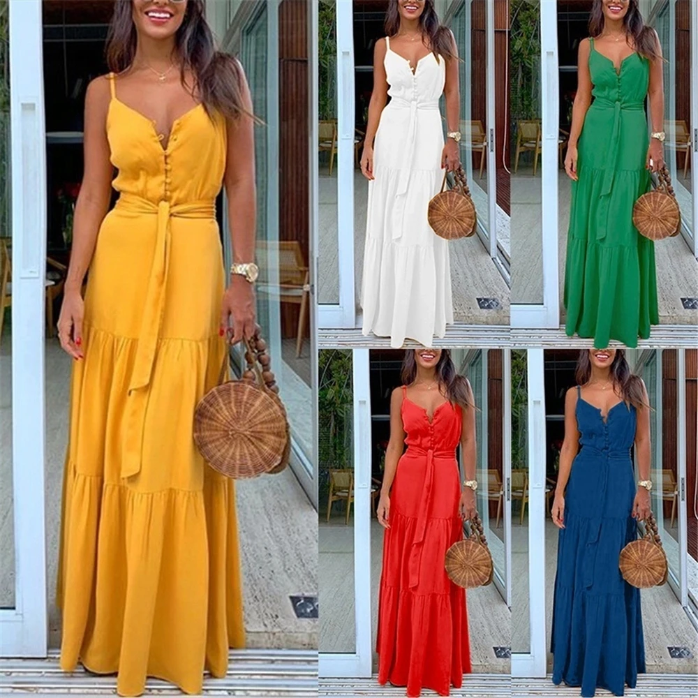 Estate Verde Tunica Maxi Vestito Con Scollo A V Robe Femme Abiti Lunghi Cintura Eleagant Ruffles Partito Della Cinghia di Spaghetti Casual Abiti Mujer