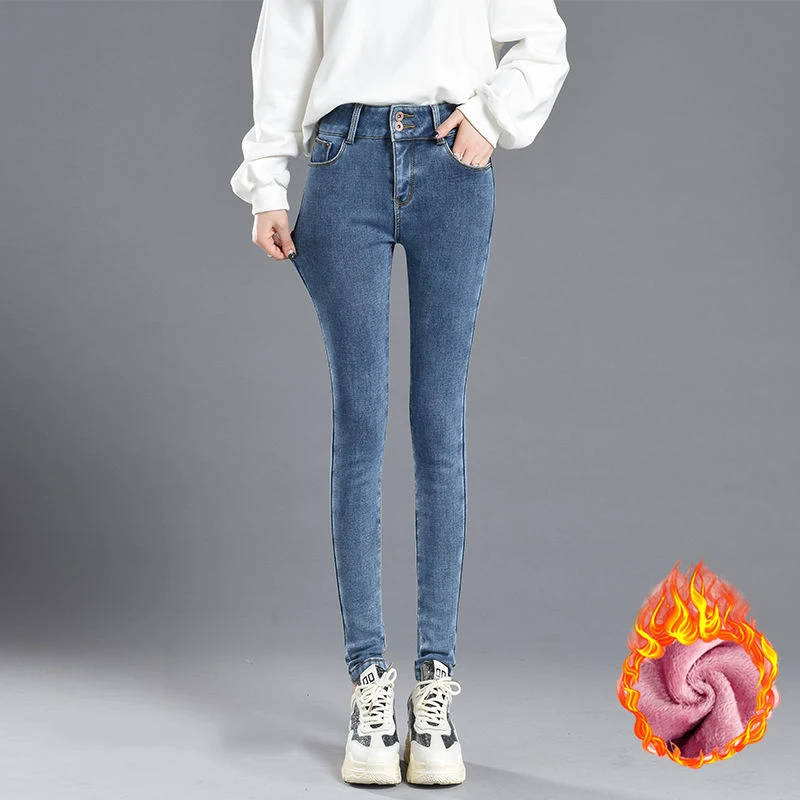 Warm Jeans Pants For Women Plus Size Winter Blue Light blue Solid Skinny Fleeces Thick Pencil Pants with Velvet Denim Trousers