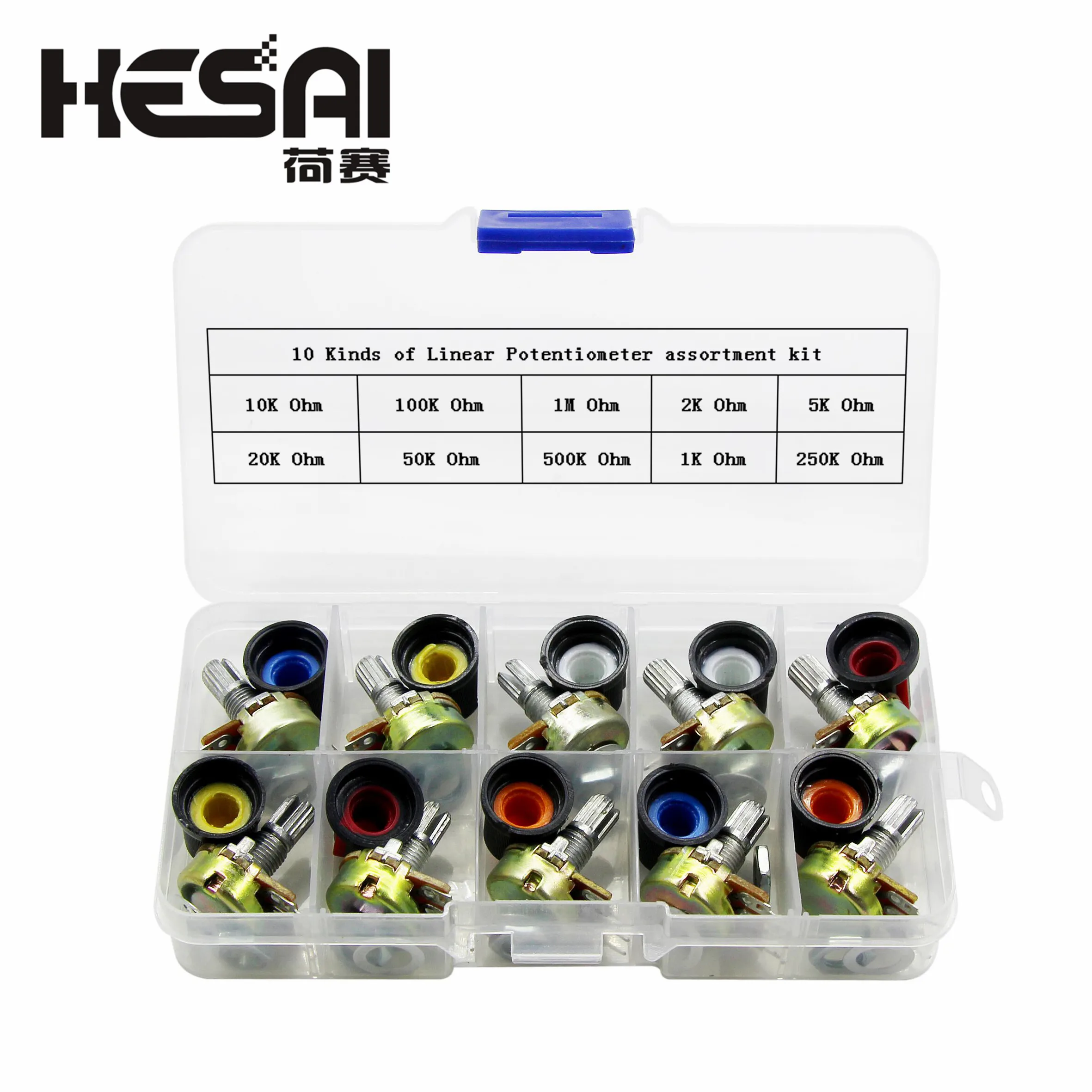 

WH148 Potentiometer Kit B1K 2K 5K 10K 20K 50K 100K 500K 1M 15mm Linear Taper Rotary Potentiometer Resistor Set 3pin With Cap