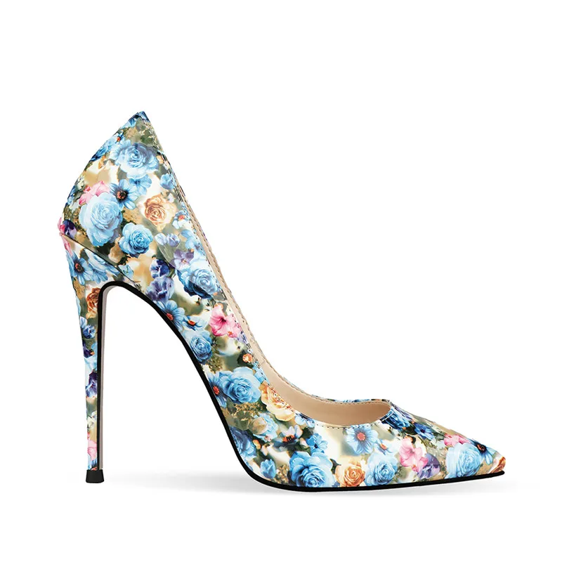 Printing Flower Women Pumps Shoes Patent Leather High Heels Shoes Sweet Shallow Shoes Woman Big Size Blue Floral Wedding Shoes