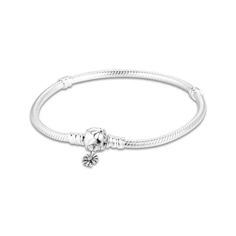 

Moments Snake Chain Bracelet with Daisy Flower Clasp pulseras Sterling Silver Bracelets For Woman DIY beads for Jewelry making