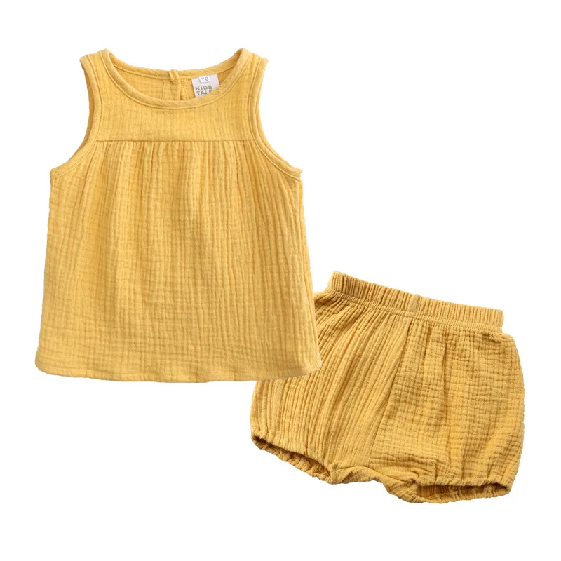 

2024Summer baby suit boys and girls sleeveless suit children's two-piece cotton and linen vest + shorts baby clothes 3m-4y