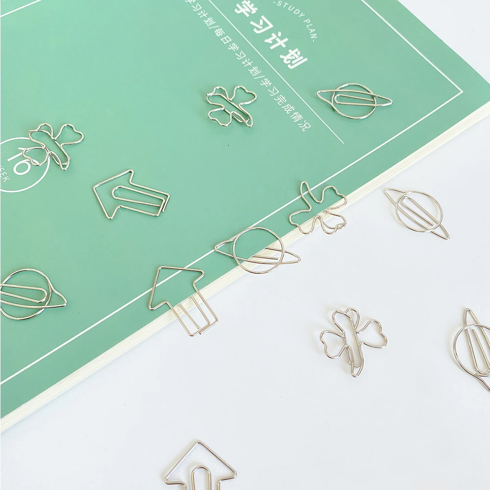 Tu10 pcs/packスターローシャムロックスライバーペーパークリップkawaiiステーショナリーメタルクリアバインダークリップ写真チケットメモ記録h0584