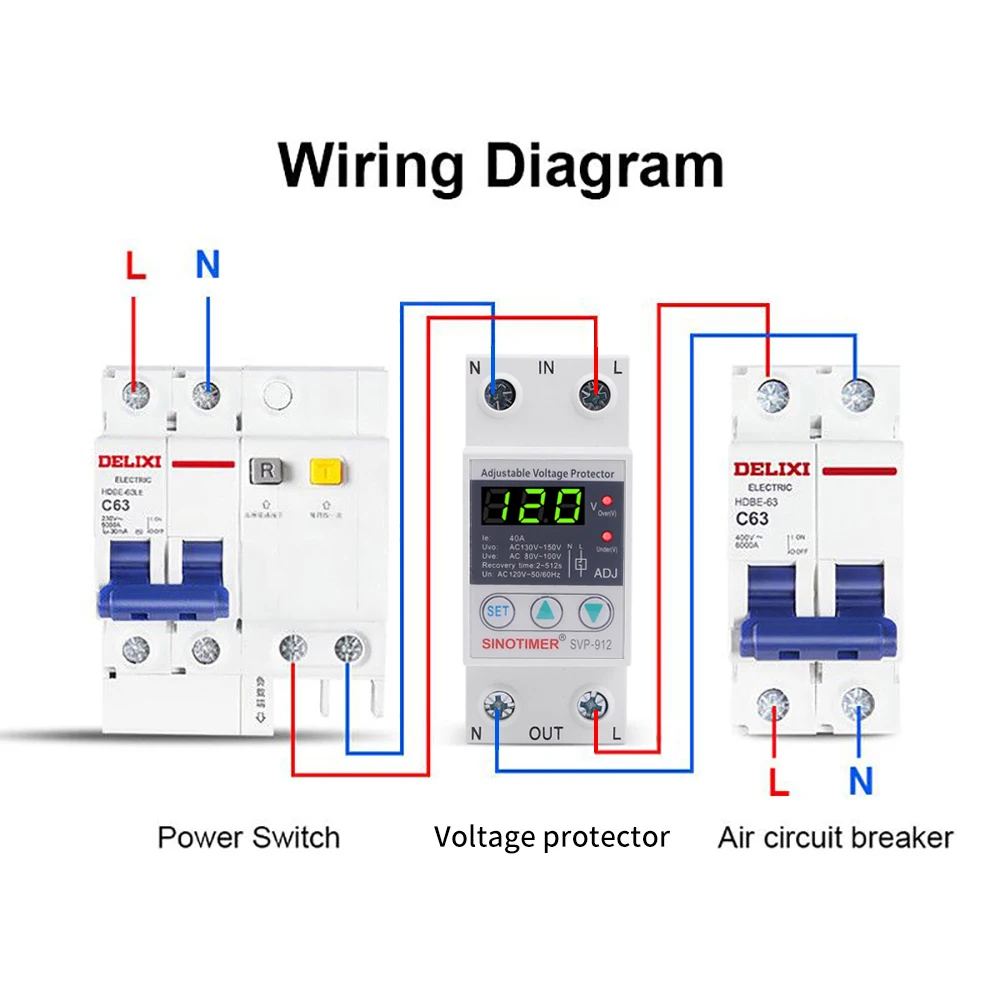 Household 40A 63A 80A Adjustable Surge Protector Over Under Voltage Protector Relay 110V 120V Automatic Transfer Switch