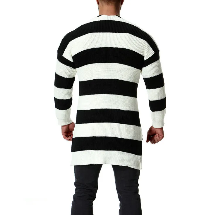 New Brand Long Cardigan Sweater Men British Style Loose Black White Striped Sweatercoat With Pocket Knit Windbreaker Male