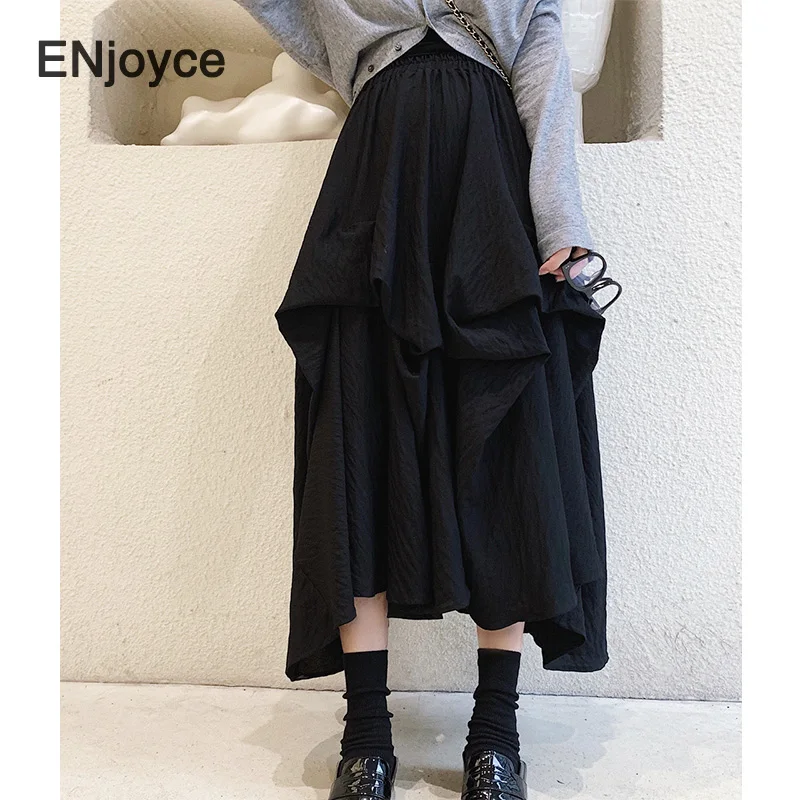 Spring Fall High Waist Black Double Layers Irregular Stitch Temperament Half-body Skirt Women New Fashion Retro Skirts