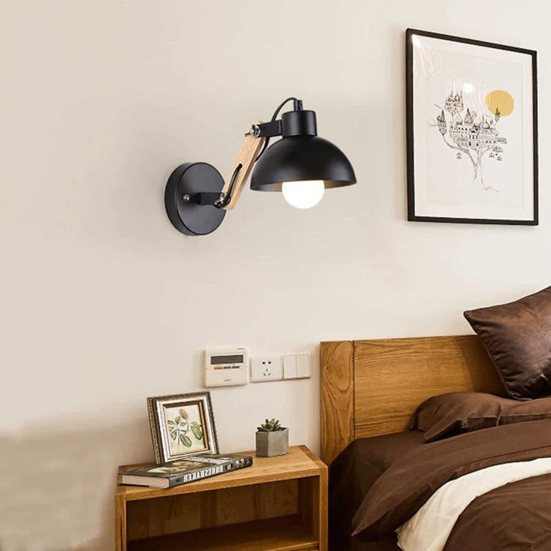 Lámpara LED de pared nórdica para mesita de noche, luces de pared de hierro y madera, práctica, ajustable, para lectura, estudio, iluminación,
