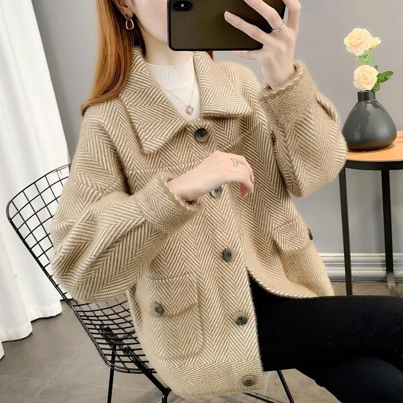 Korean Autumn Winter Thick Striped Mink Cashmere Woolen Coat Women Student Outerwear Loose Short Big Pocket Woolen Jacket Female