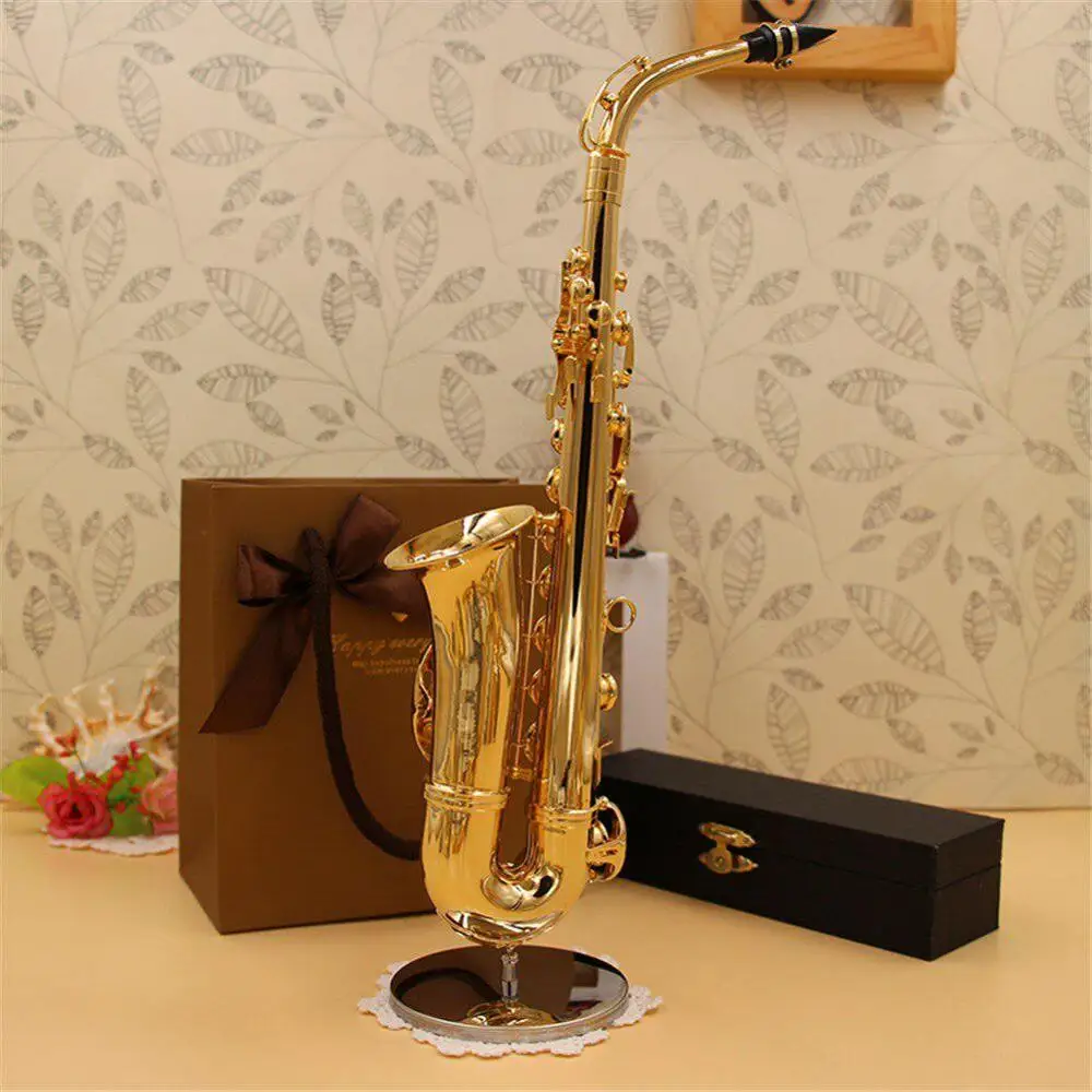 Mini Saxophone Model Musical Instruments Copper Display Sax Gold Color Pocket Sax Alto With Metal Stand for Home Decoration