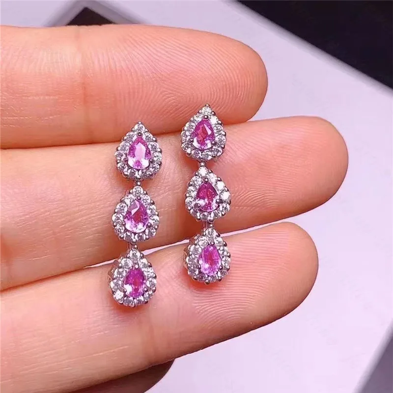 

Natural pink sapphire earrings 925 silver women's earrings fresh and simple design