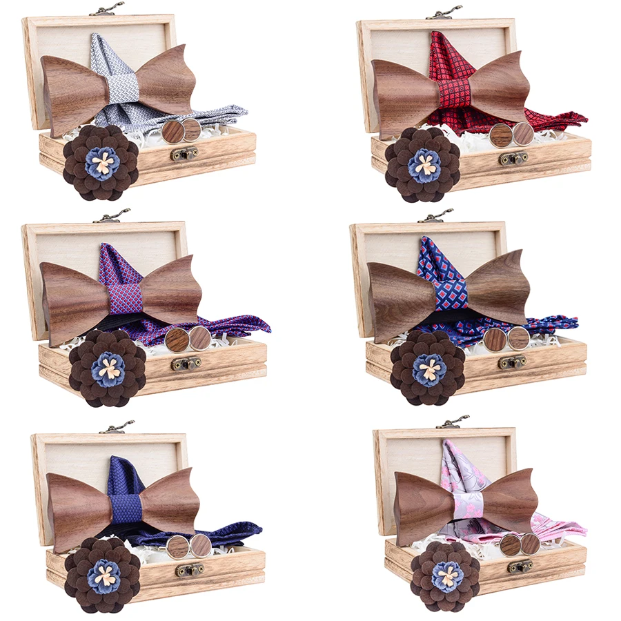 Ricnais Novelty  3D Wooden Bow Tie Floral Pocket Square Cufflink Brooch Set And Wood Box Suit For Mens Wedding Handkerchief Ties