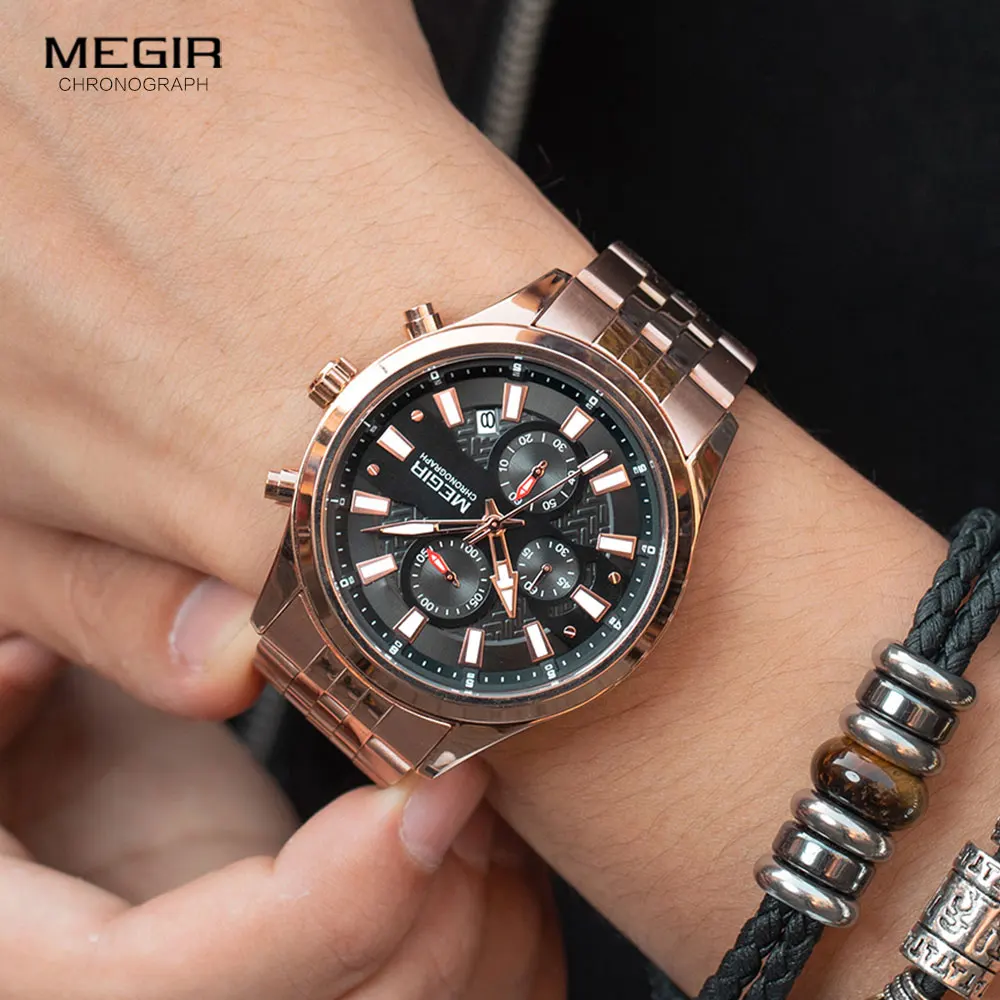 MEGIR Men\'s Watches 2020 Luxury Top Brand Wristwatch for Men Rose Gold Stainless Steel Strap Chronograph Quartz Watch Waterproof