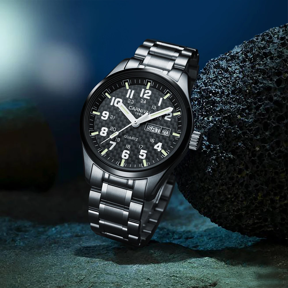 Reloj Hombre العلامة التجارية الفاخرة كرنفال الساعات العسكرية للرجل مقاوم للماء التقويم حركة الكوارتز اليابانية مضيئة Montre أوم