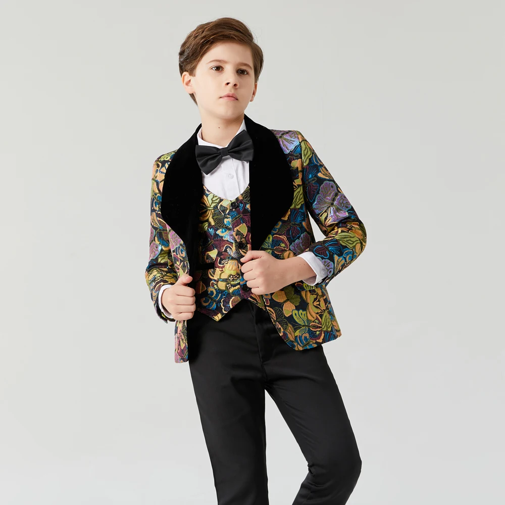 Children\'s Jacquard suit Flowers Boys Suits Wedding Formal Children Suit Tuxedo Dress Party clothing vest pant coat Costumes