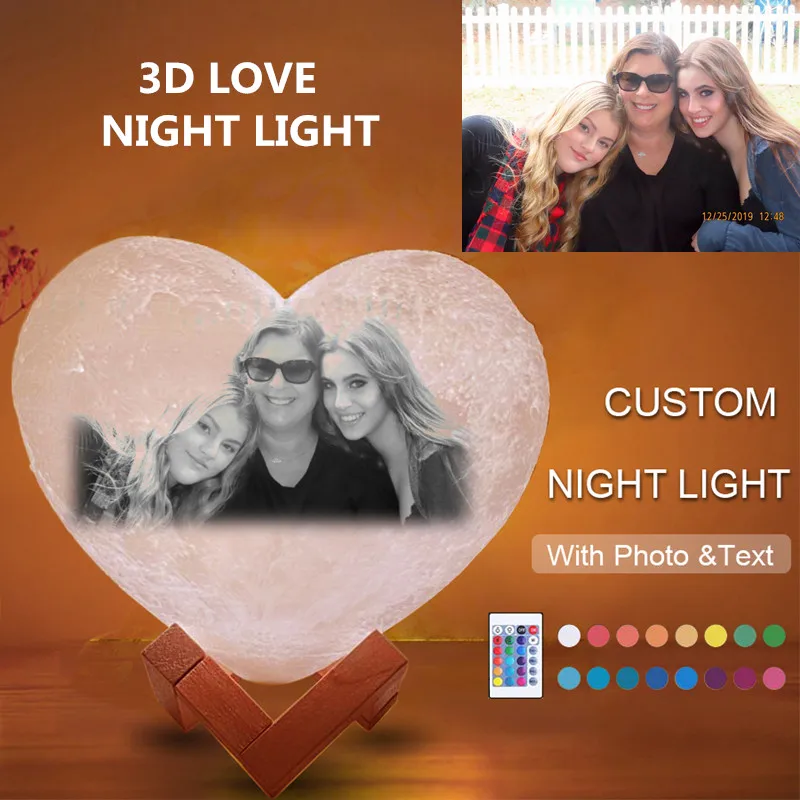 3D Print Customized Moon Night Light with Photo&Text Moon Lamp Personalized Festival Kids Gift Heart Shape Lamp