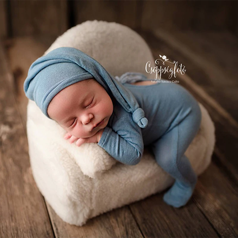 Newborn Photography Props Button Overalls Pants Baby Photo Shoot Romper Outfit Hat Accessories Bebe Shooting Boy Clothes Set