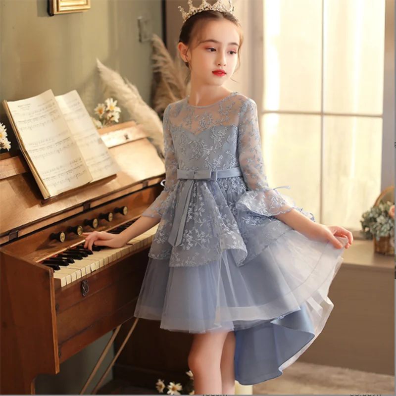 Autumn New Style Long-Sleeved Children\'s Princess Dress Wedding Flower Girl Piano Performance Trailing Wedding Dress Girl Dress