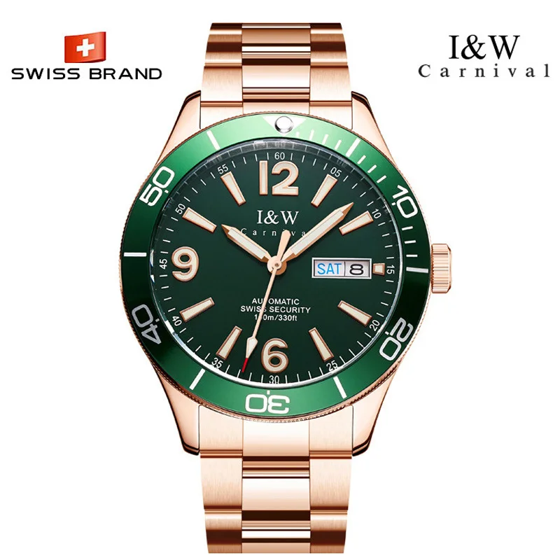 Luxury Brand I&W Carnival Japan MIYOTA Automatic Mechanical Men's Watches 100M Waterproof Sapphire Luminous Auto Date Clock 533G