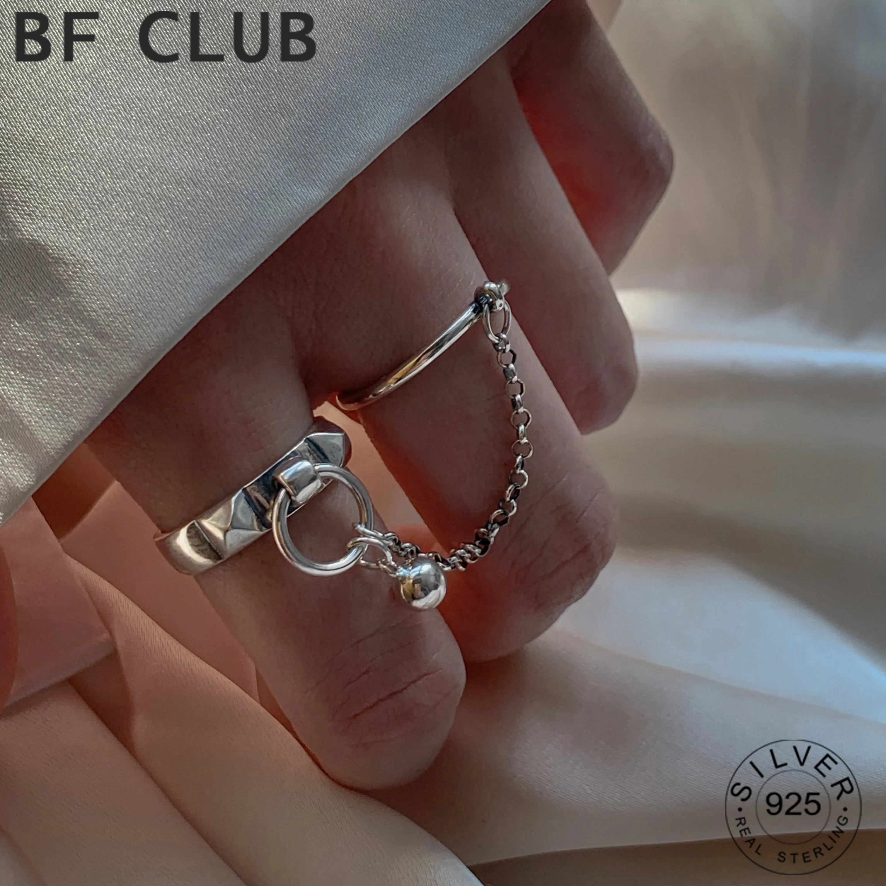 Prawdziwe 925 Sterling Silver Retro okrągły geometryczny pierścionek dla 2 Rigns damski łańcuszek Vintage Fine Jewelry minimalistyczne akcesoria prezent