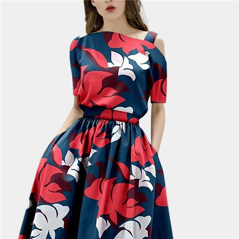 Women 2021 Summer Fashion Slash Neck Dew  Short Sleeve Flower Printed  Waisted Slim Draped A Line Office Party Knee Lenght Dress