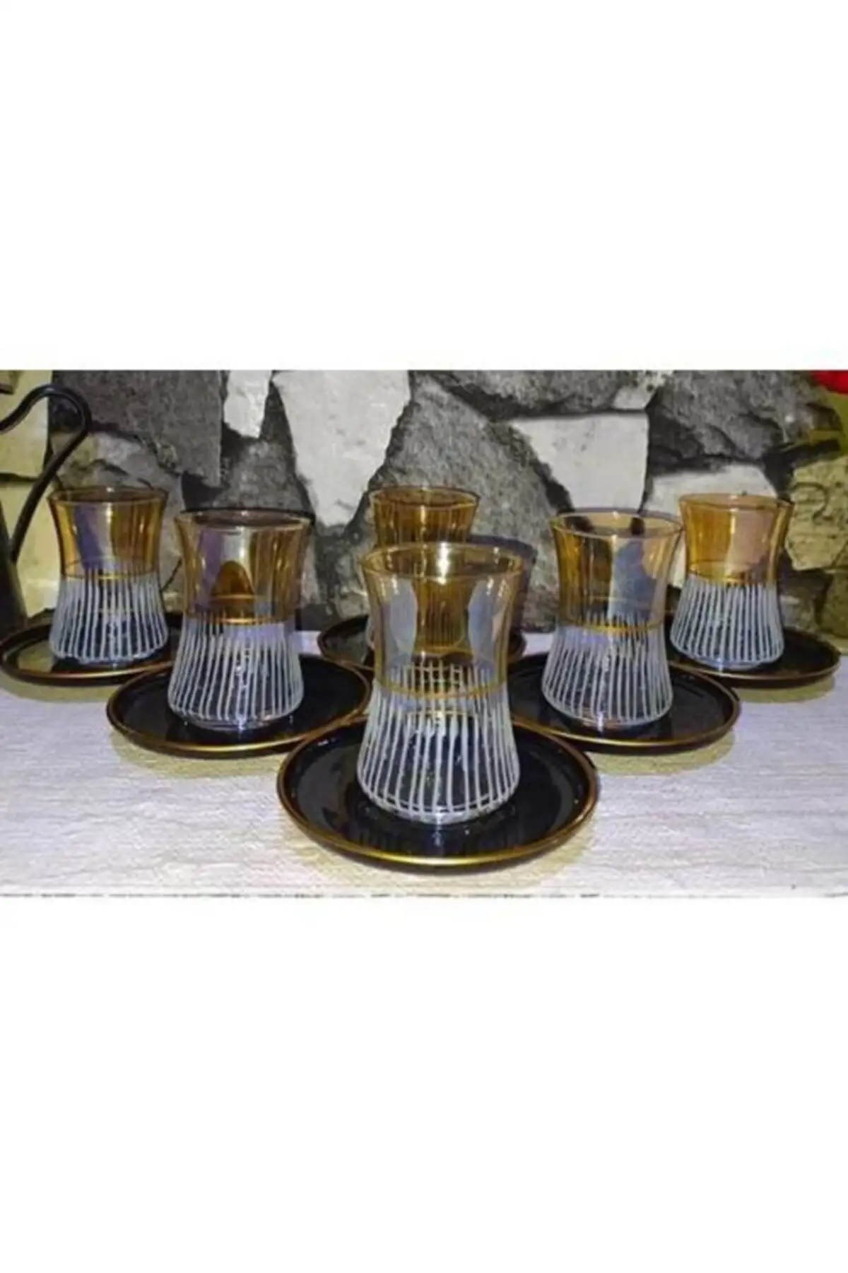 Uras Black Gold Dish 12 Piece Tea Set Turkish Tea Cup Glass Cup