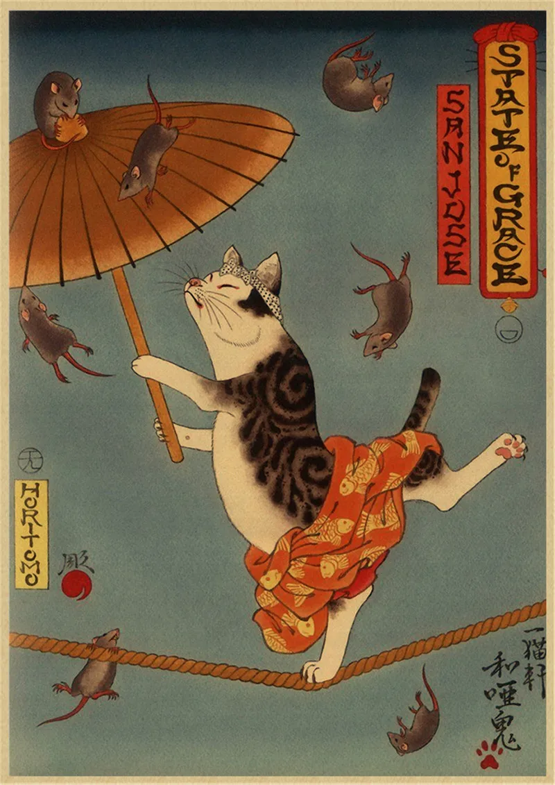 Póster de arte retro para decoración de sala de estar, arte de pared, carteles de pintura, tatuaje de gato samurái japonés, kraft, dormitorio