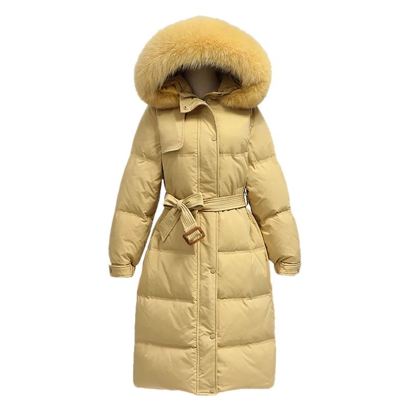 Winter Big Fur Hood Puffer Jacket Knee Length Slim White Duck Down Padded Overcoat With Belt Office Lady Down Parkas JK-884
