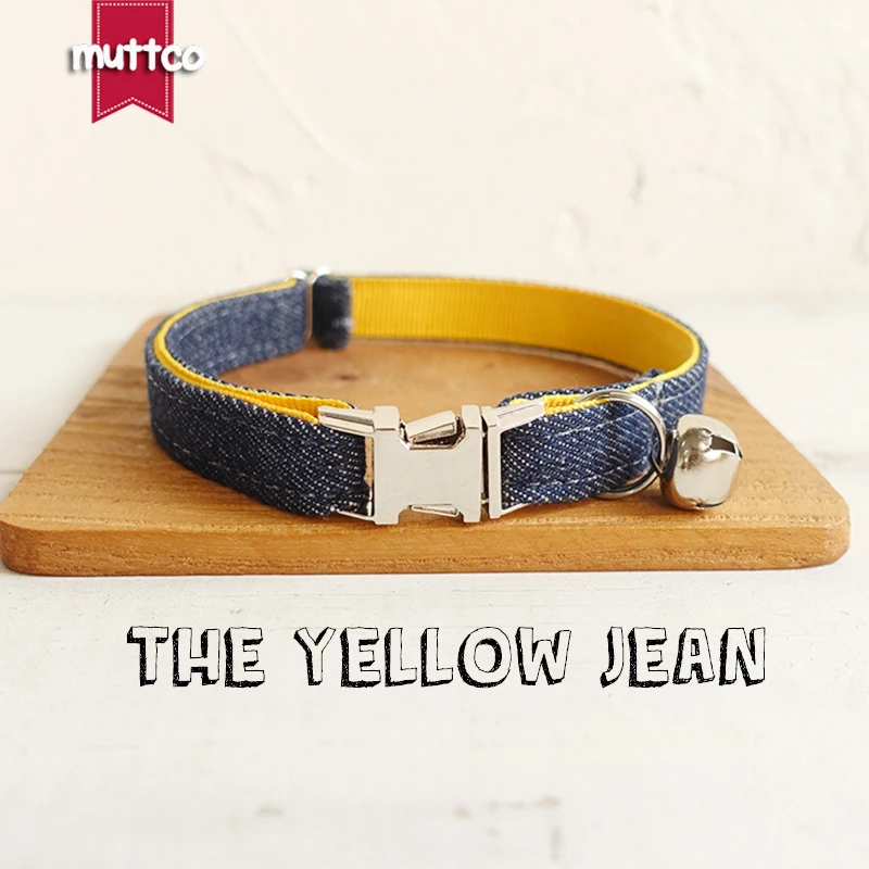 

10pcs/lot MUTTCO Retailing self-design cat collar THE YELLOW JEAN handmade collar mazarine and yellow 2 sizes cat collar UCC037