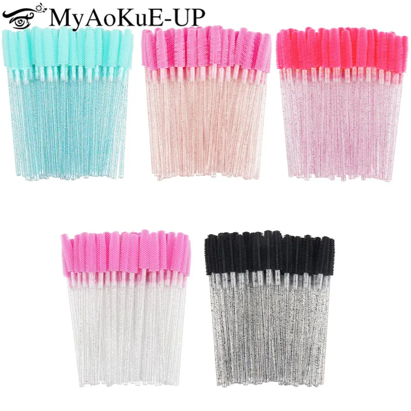 50pcs Disposable Eyelash brushes silicon microbrush crystal Handle Mascara Wands Female eyebrow Lash Extension Spoolie Brush