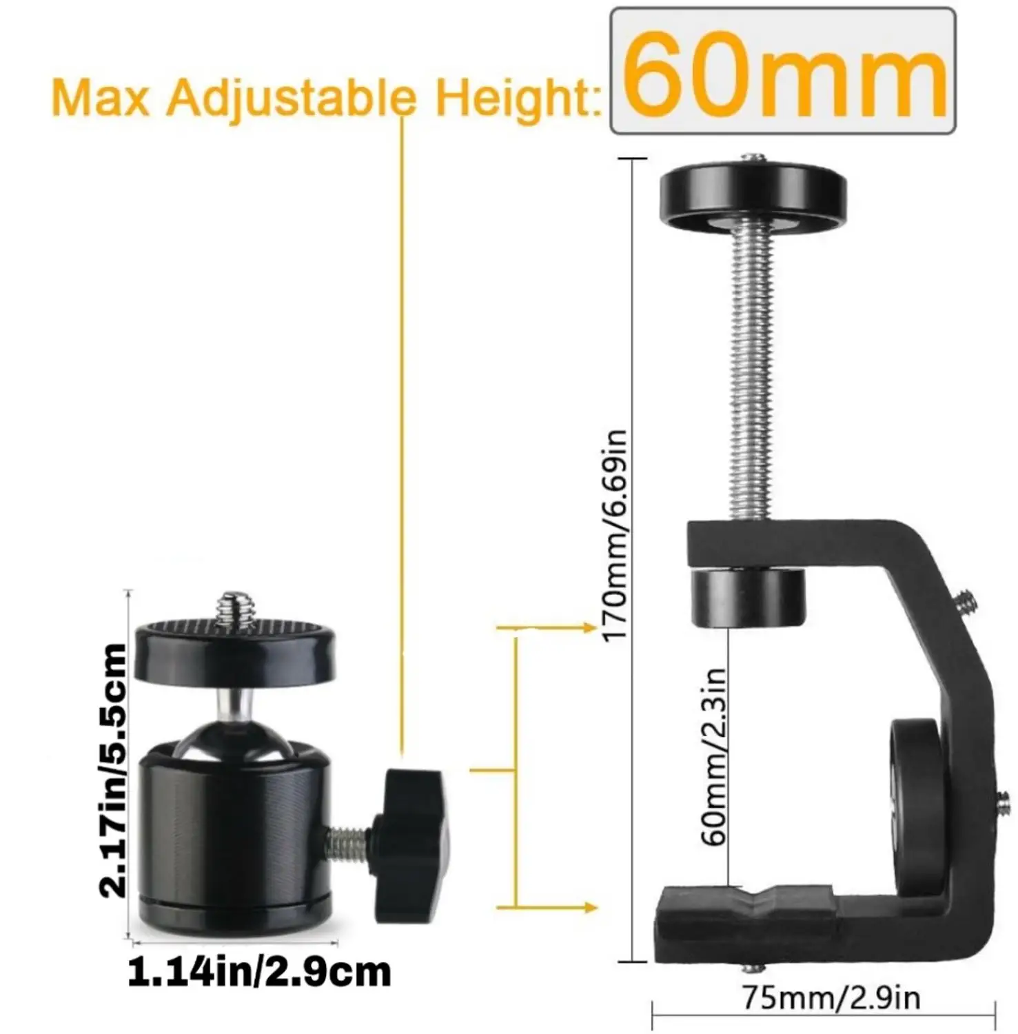 Mini Ball Head with C Clamp Adjustable Camera Mount Clamp Set 360 Degree Swivel Tripod Head with Hot Shoe and 1/4 Screw Compatib