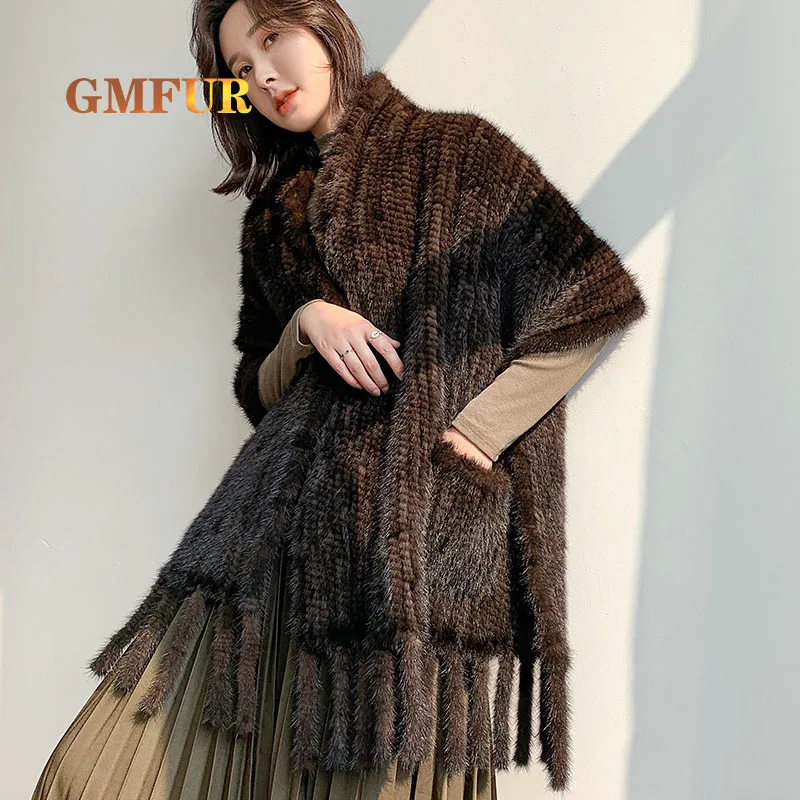 2021 Ladies Luxury Genuine Mink Fur Shawl Winter Black Long Section High Quality Natural Mink Woven Tassel Thickening Fashion Sc