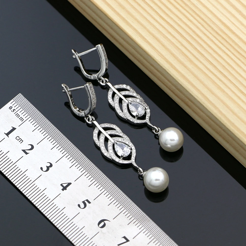Silver Color Bridal Pearls Jewelry Sets Natural White Zircon Women Wedding Earrings Adjustable Ring Lover Necklace Set - view 5