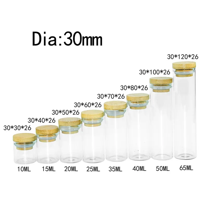 

10ml 15ml 20ml 25ml 35ml 40ml 50ml Glass Bottle with Bamboo Lid Empty Leak proof Airtight Food Storage Clear Bottle Jars 50pcs