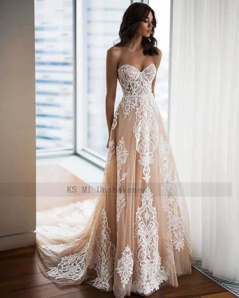 Robe de mariée Vintage Champagne en dentelle de haute qualité, ligne A, Corset au dos, style Boho, 2021