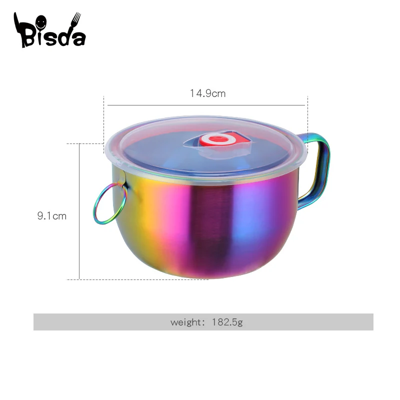 Stainless Steel Bowl With Lid and Handle Golden Instant Noodle Bowls Soup Food Container Silverware Rice Bowl Kit Dinnerware