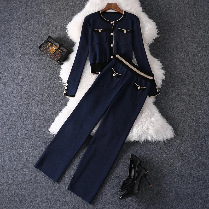 2021 spring new contrast color trim short knit sweater + double pocket straight leg pants suit