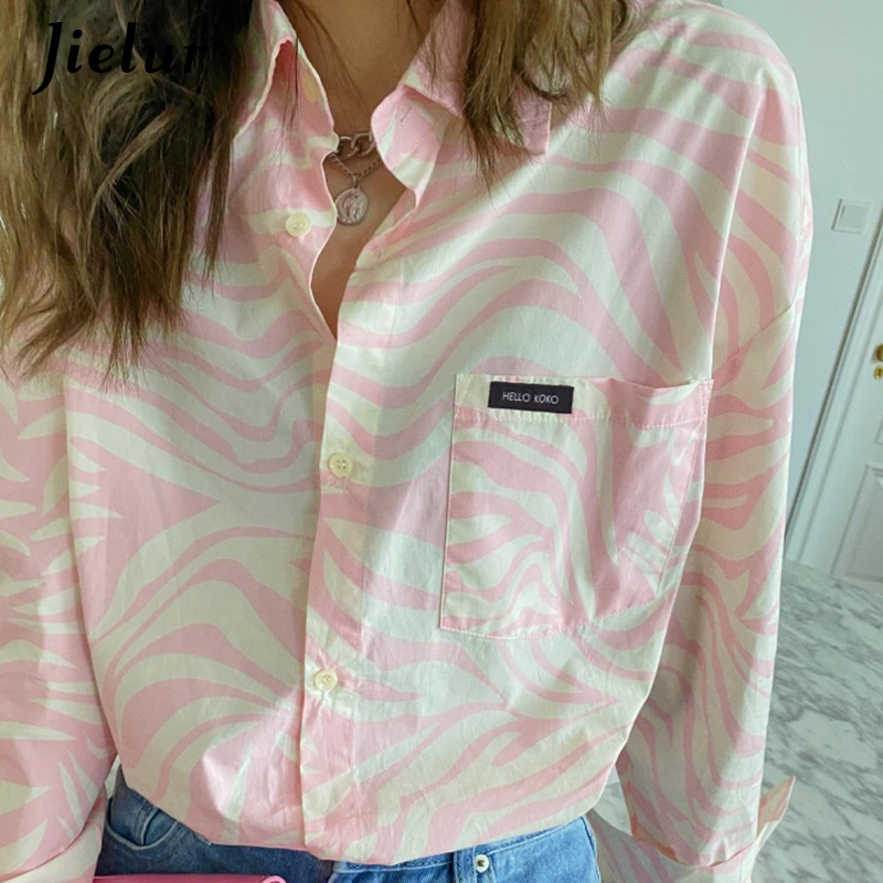 Jielur New Women's Shirt Loose Long Sleeve Blouse Turn-Down Collar Top Pink Blouses BF Pockets Vintage Shirt Blusa Feminina S-L