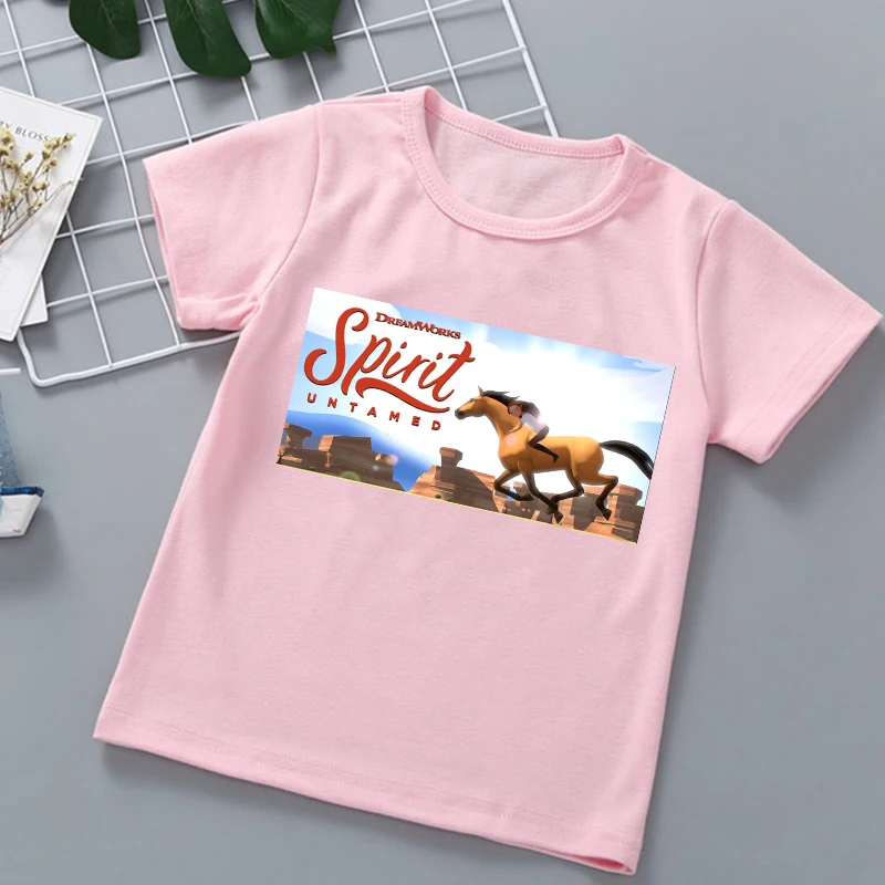 Camiseta de Mustang Spirit para niñas, ropa de Anime de dibujos animados para niños, ropa divertida para niños, camisetas rosas, 2024