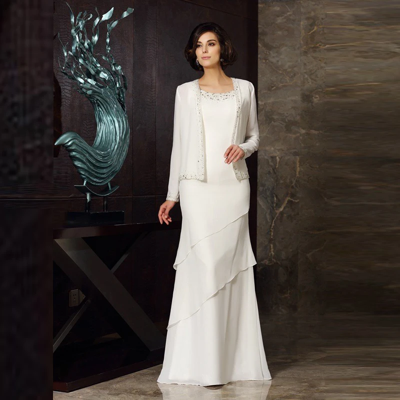 Elegante ultimo avorio due pezzi Chiffon madre della sposa abiti con cappotto gioiello collo in rilievo abiti da festa di nozze gonna di livello