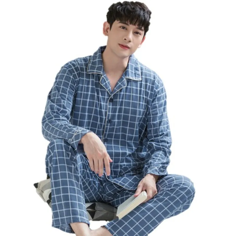 

New Autumn Winter Cotton Men Pajamas Set Striped Pijamas Long Sleeve Turn-down Collar Mens Sleepwear Plus Size 4XL Male Homewear