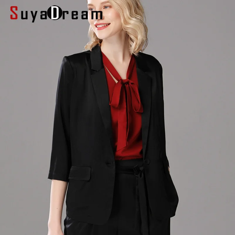 SuyaDream Seide Blazer Silk Satin Frau 3/4 Ärmeln Einzigen Taste Feste Büro Chic Blazer 2021 Herbst Winter Elegante Blazer Set