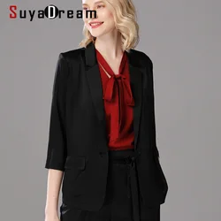 SuyaDream Silk Blazer Silk Satin Woman 3/4 Sleeves Single Button Solid Office Chic Blazers 2021 Fall Winter Elegant Blazer Set