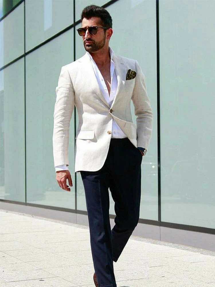 

ANNIEBRITNEY White 2 Piece Slim Fit Men Suit With Black Pants Tailor Made Skinny Groom Wedding Tuxedo Prom Wedding Men Suit Set