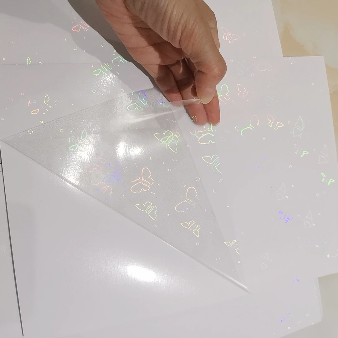 

Holographic Small Butterfly Foil Adhesive Tape Back Laminating On Paper Plastic 50 Sheets 210 x 297 MM DIY Package Color Card