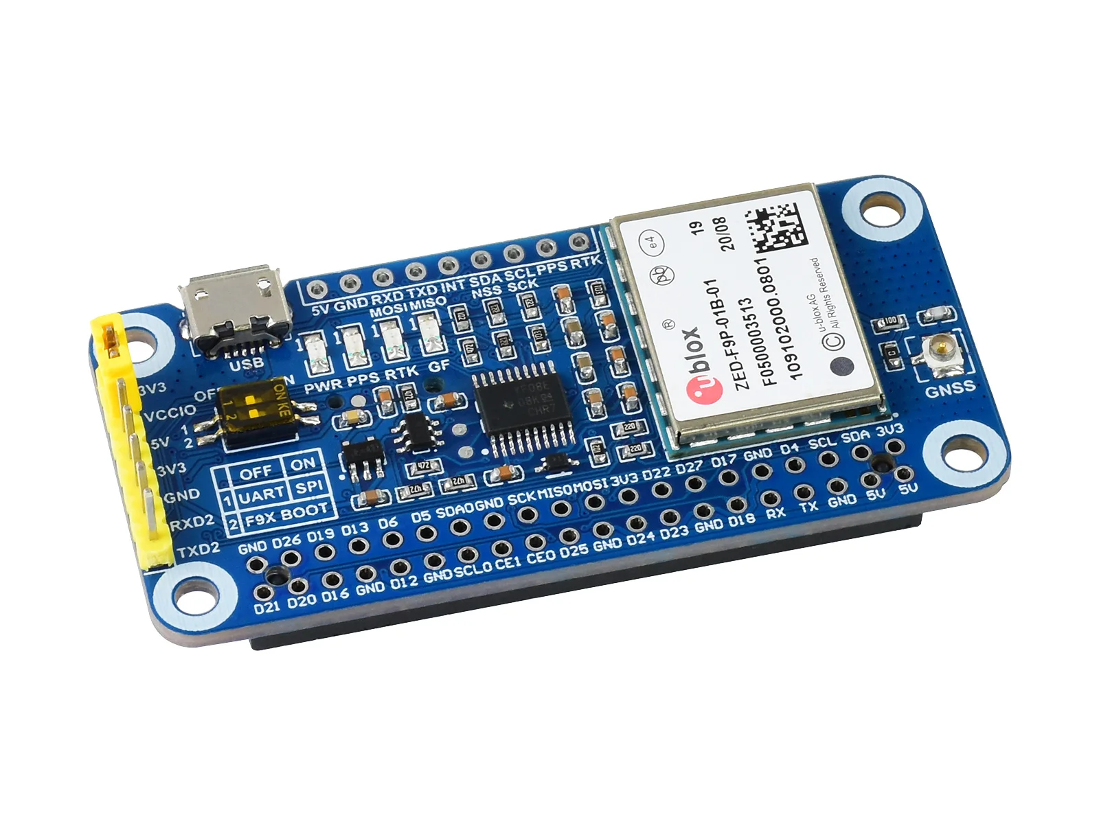 

Waveshare ZED-F9P GPS-RTK HAT for Raspberry Pi, Centimeter Level Accuracy, Multi-Band RTK Differential GPS Module