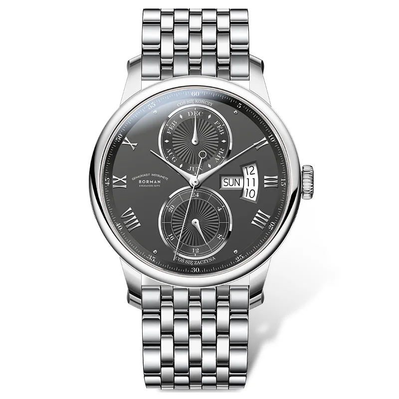 BORMAN 316L Stainless Steel Mens Watches Retro Men Mechanical Automatic Watches Multifunction Sapphire Glass Waterproof Watches